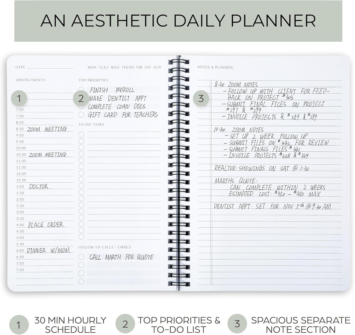 Beautiful Daily Planner And Notebook With Hourly Schedule – Aesthetic Spiral To