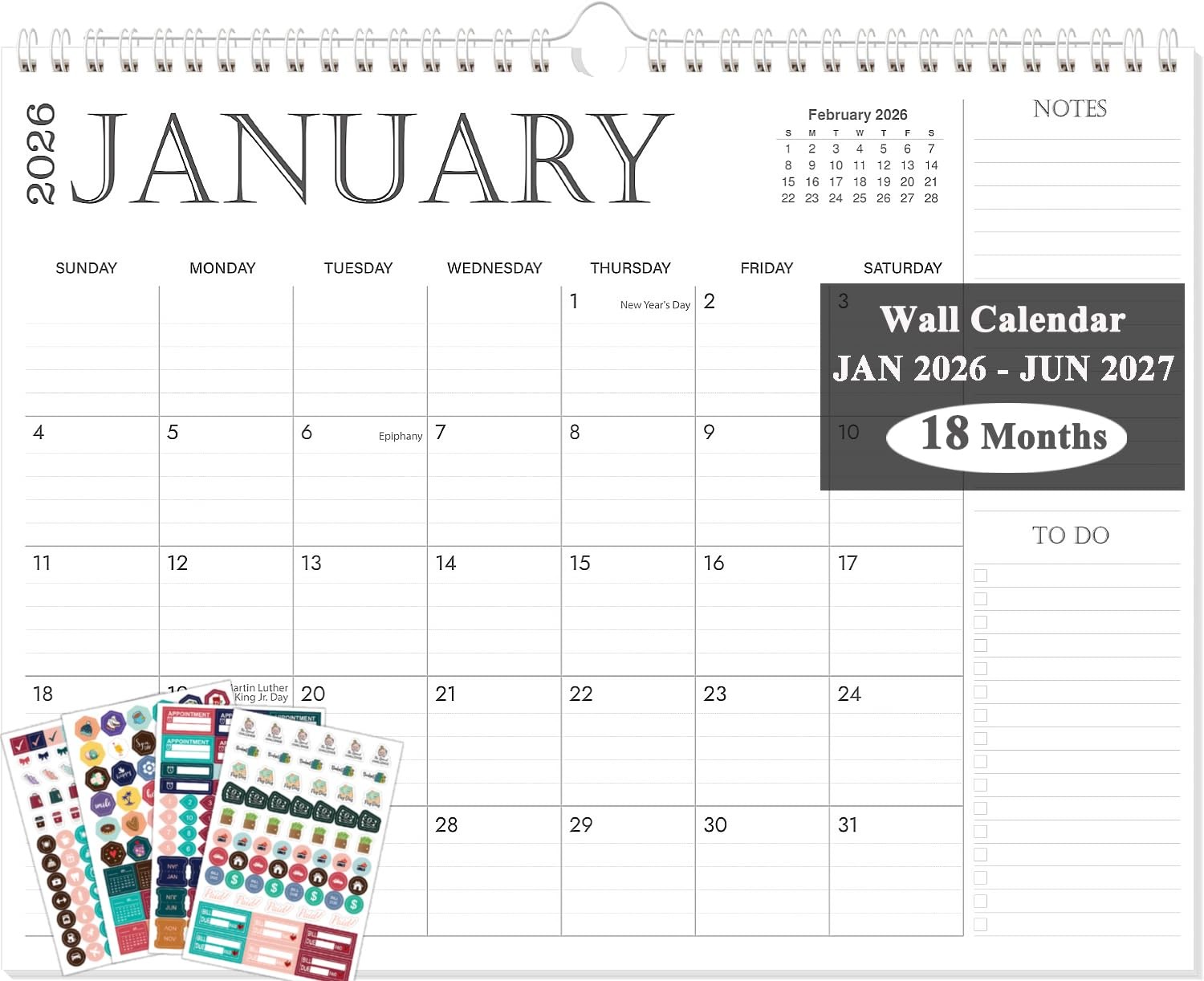 2026 Wall Calendar, 18 Monthly Calendar Jan 2026 – Jun 2027(Simple)