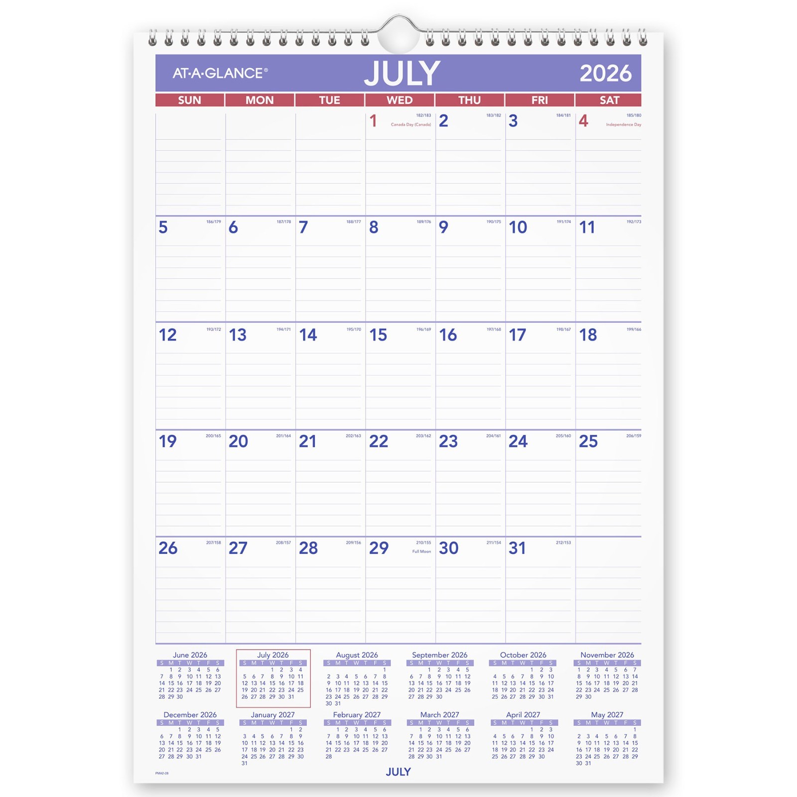 At-A-Glance PMA2-28 2025-2026 July 2025 Academic Year Wall Calendar, 12 x 17″