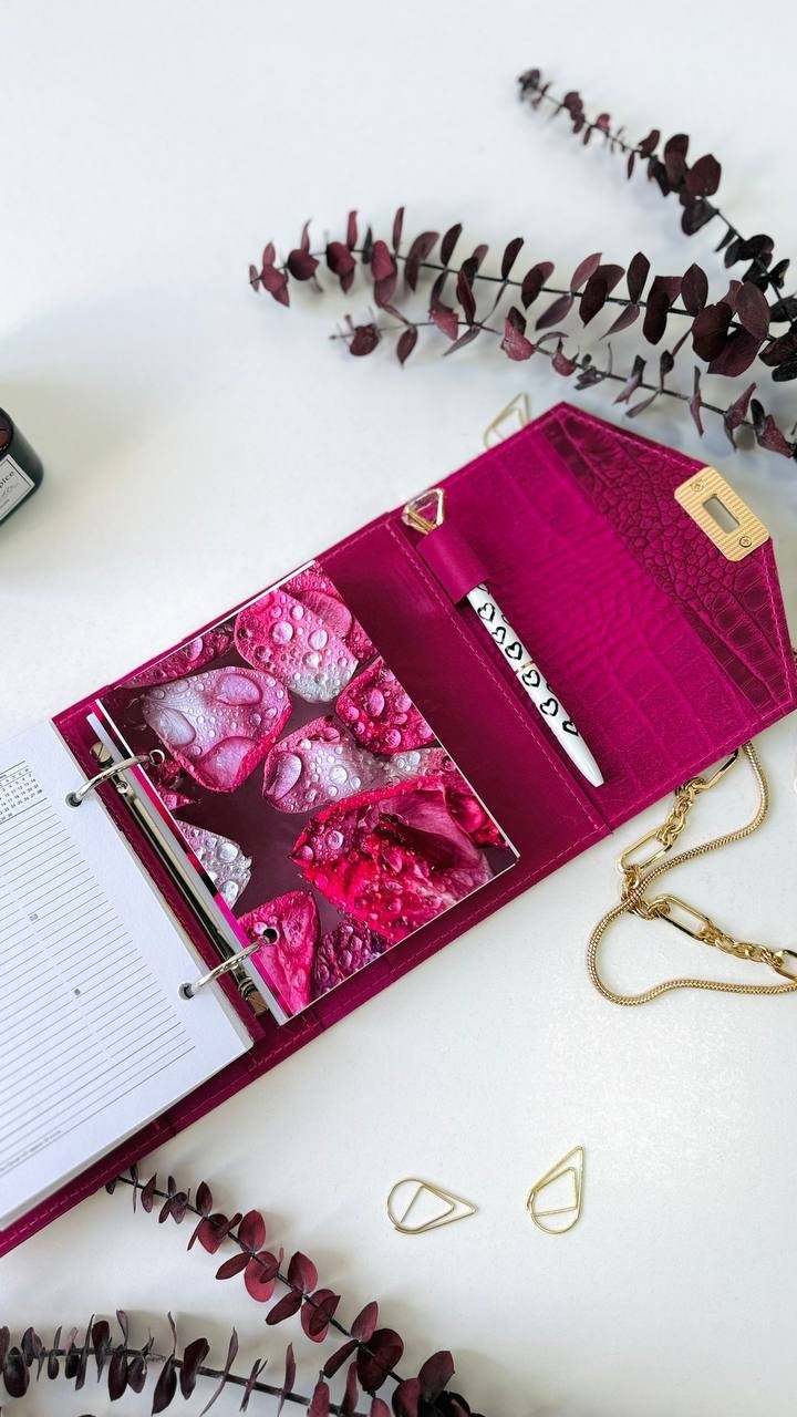 Pink leather notebook cover A7 binde rings mini wallet. Dated planner gift.