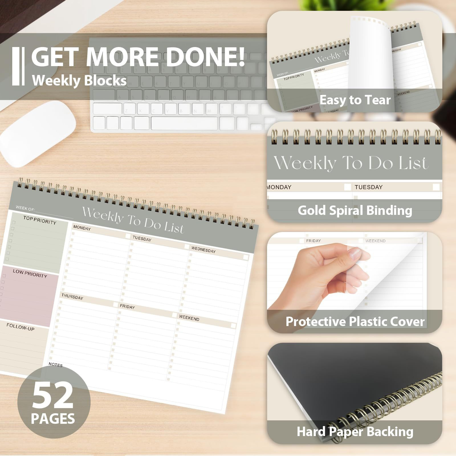 Weekly To Do List Notepad, Undated Planner with 52 8.5″x11″(Undated）, A-Green