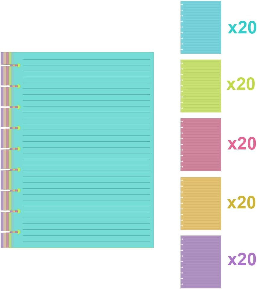 9 Discbound Lined Colorful Refills Paper, 100 Sheets (200 Pages), 9 Disc Pre-Pun