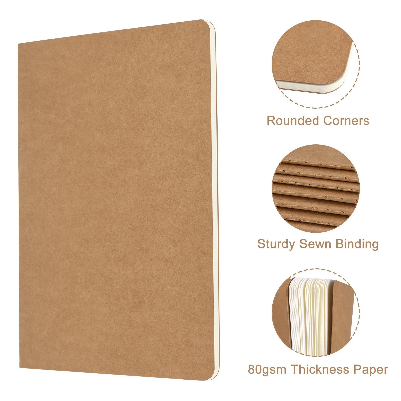 Bulk 5 A5 Kraft Notebooks, 60 Pages Lined Journals For Students, Brown