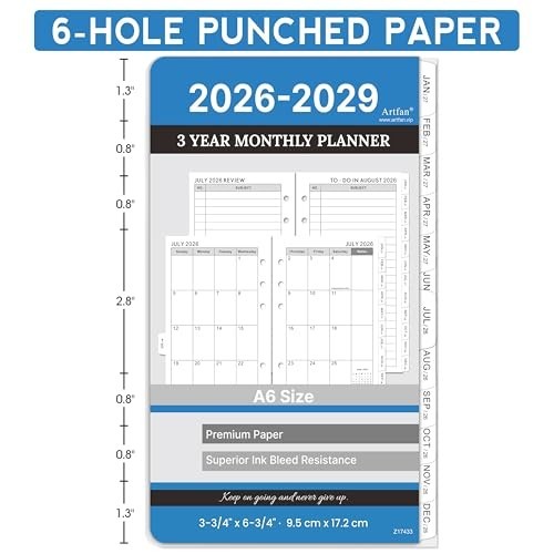 A6 Planner Refills 2026-2029 – 3-Year Monthly Inserts with Tabs, 6-Hole Punched