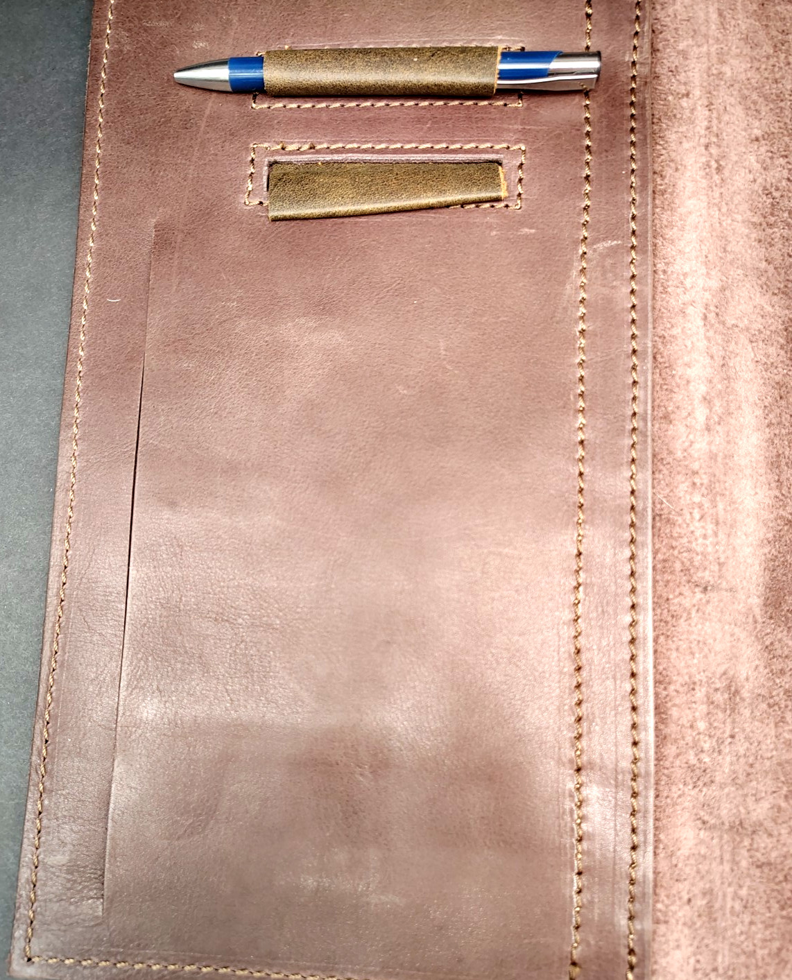Vintage Soft Brown Leather Slide Tab Pocket Folio Case Notebook Cover 9 x 13″