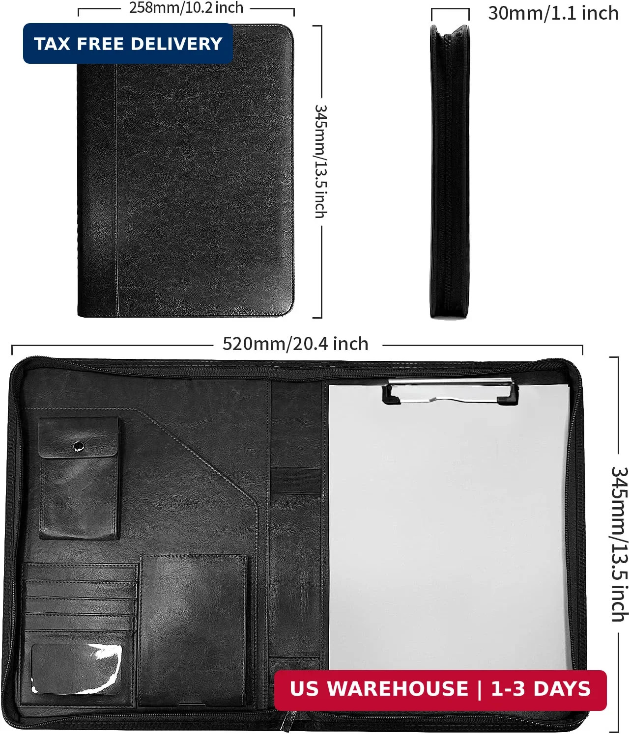 Zippered Padfolio Organizer, WRIYES Leather Planner Binder, 10.2 Inch Portfolio