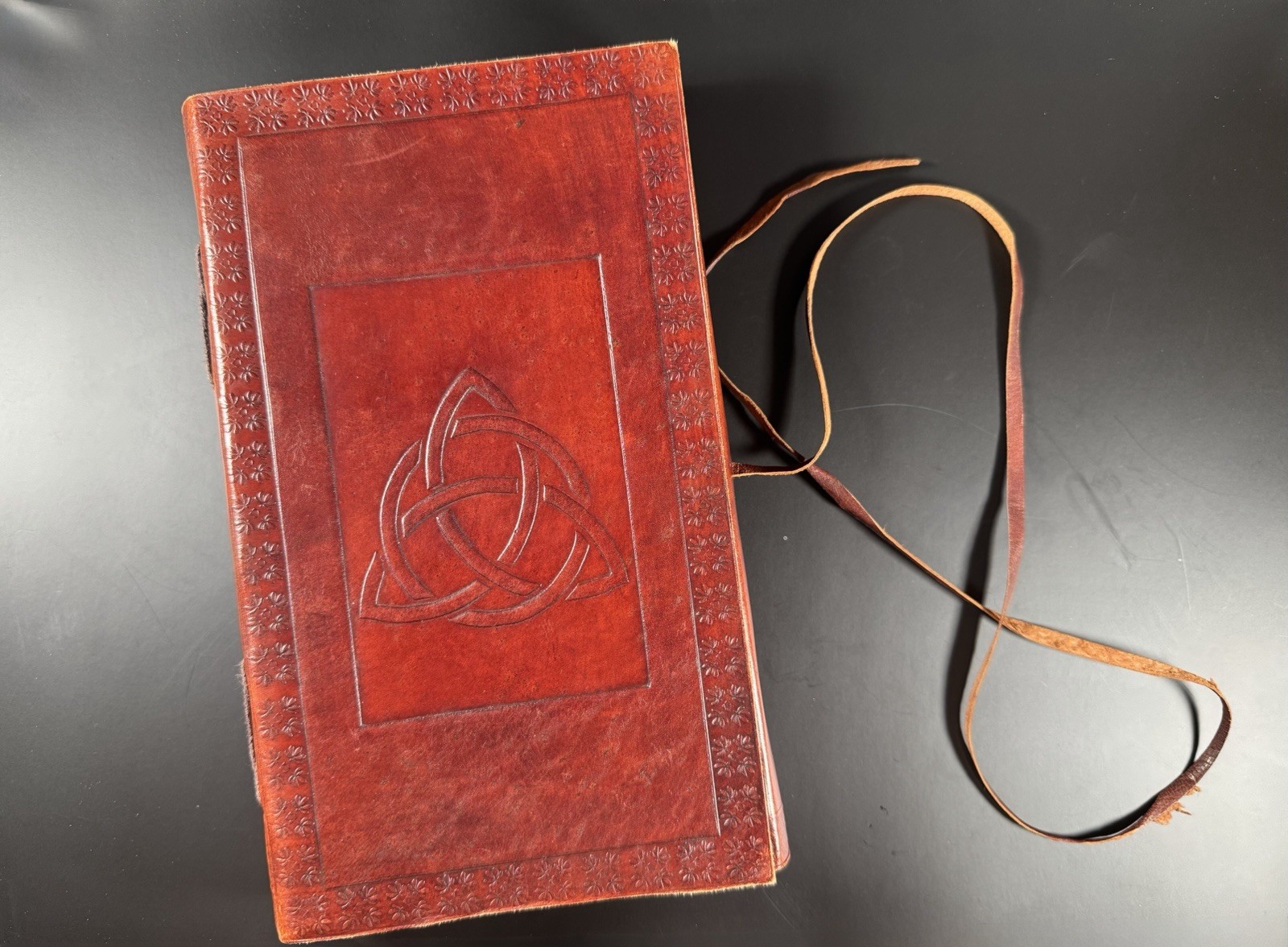 Brown Leather Blank Journal/Diary with Embossed Celtic Triquetra & Tie Closure