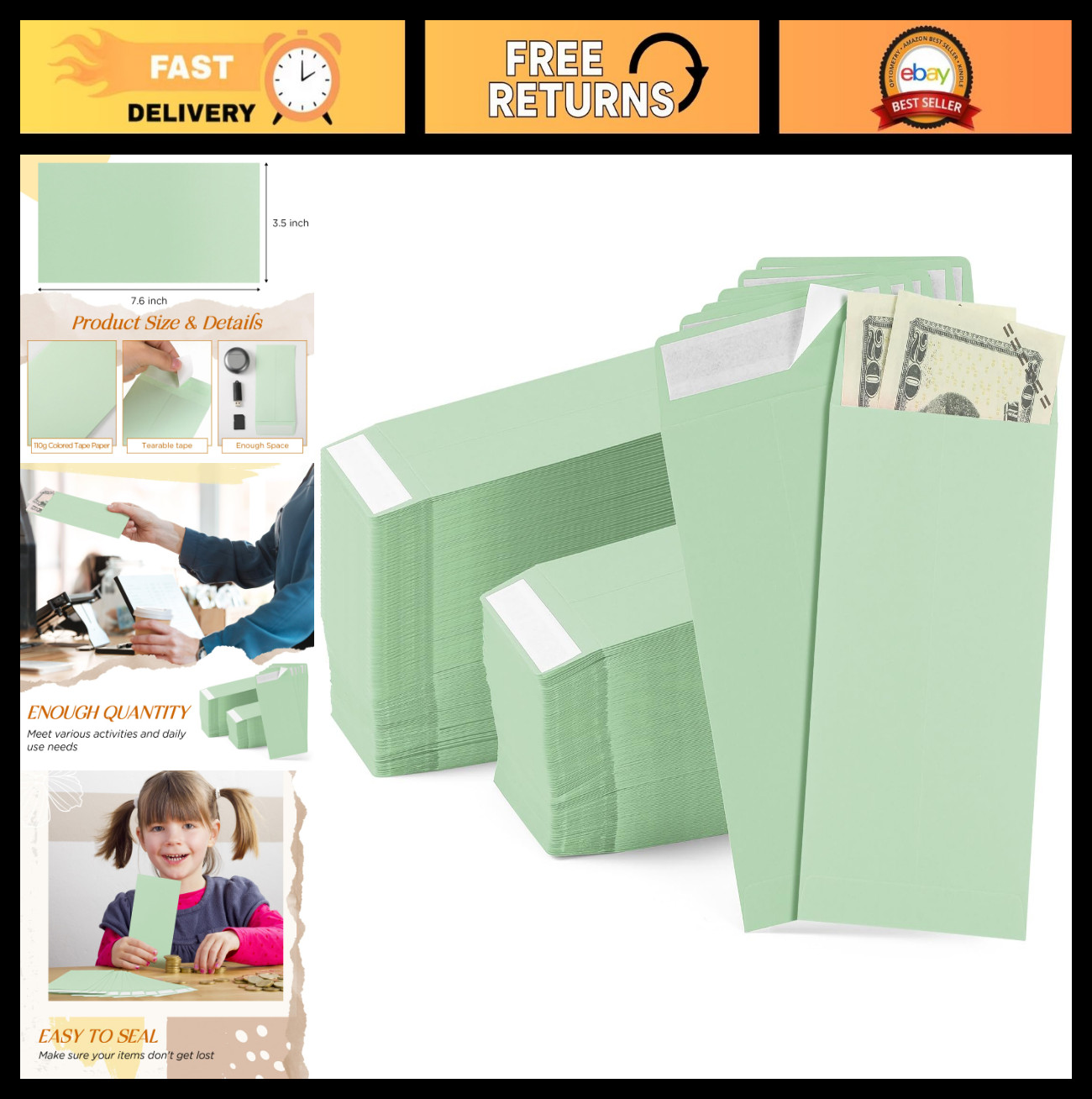 500 Pcs Cash Envelopes Bulk – 110 GSM Money Saving Challenge, Gummed Flap, 3.5″x