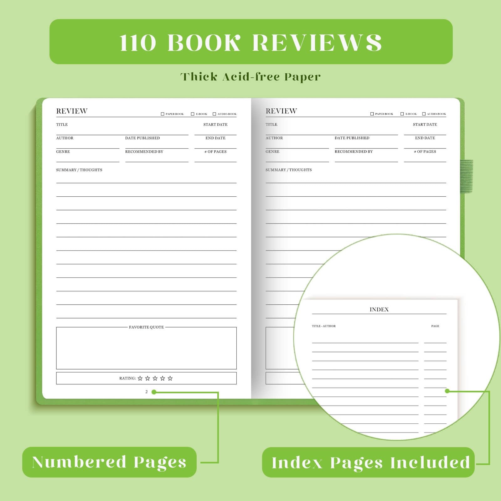 Reading Journal, Olive Green, 110 Book Reviews, Elegant, Book Lovers, Log