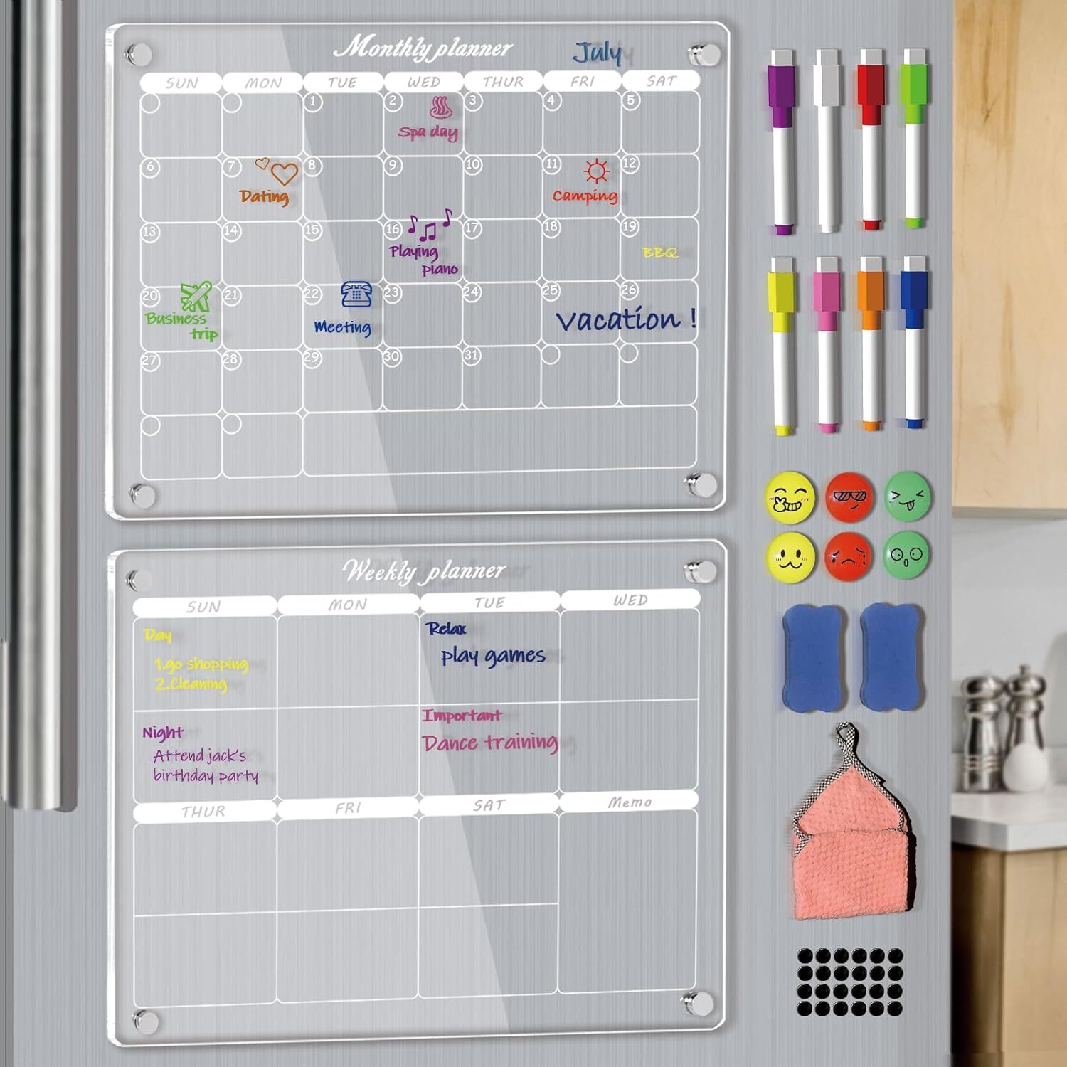 Acrylic Clear Magnetic Calendar, Monthly & Weekly, 16″x12″, Dry Erase, 8 Markers