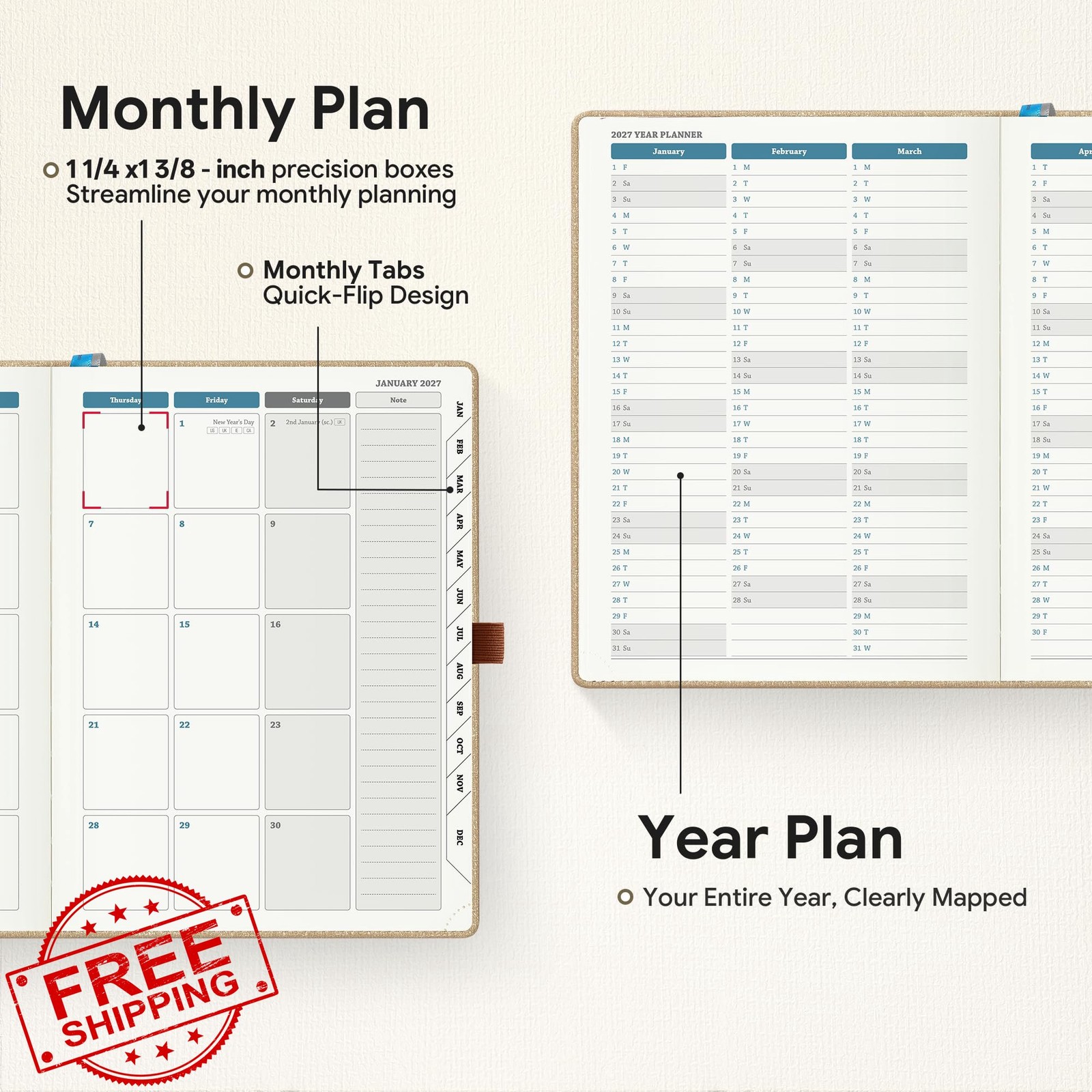 IN-LUXPRO Planner 2026-2027 Khaki Medium-6.5″ x 8.5″ Horizontal