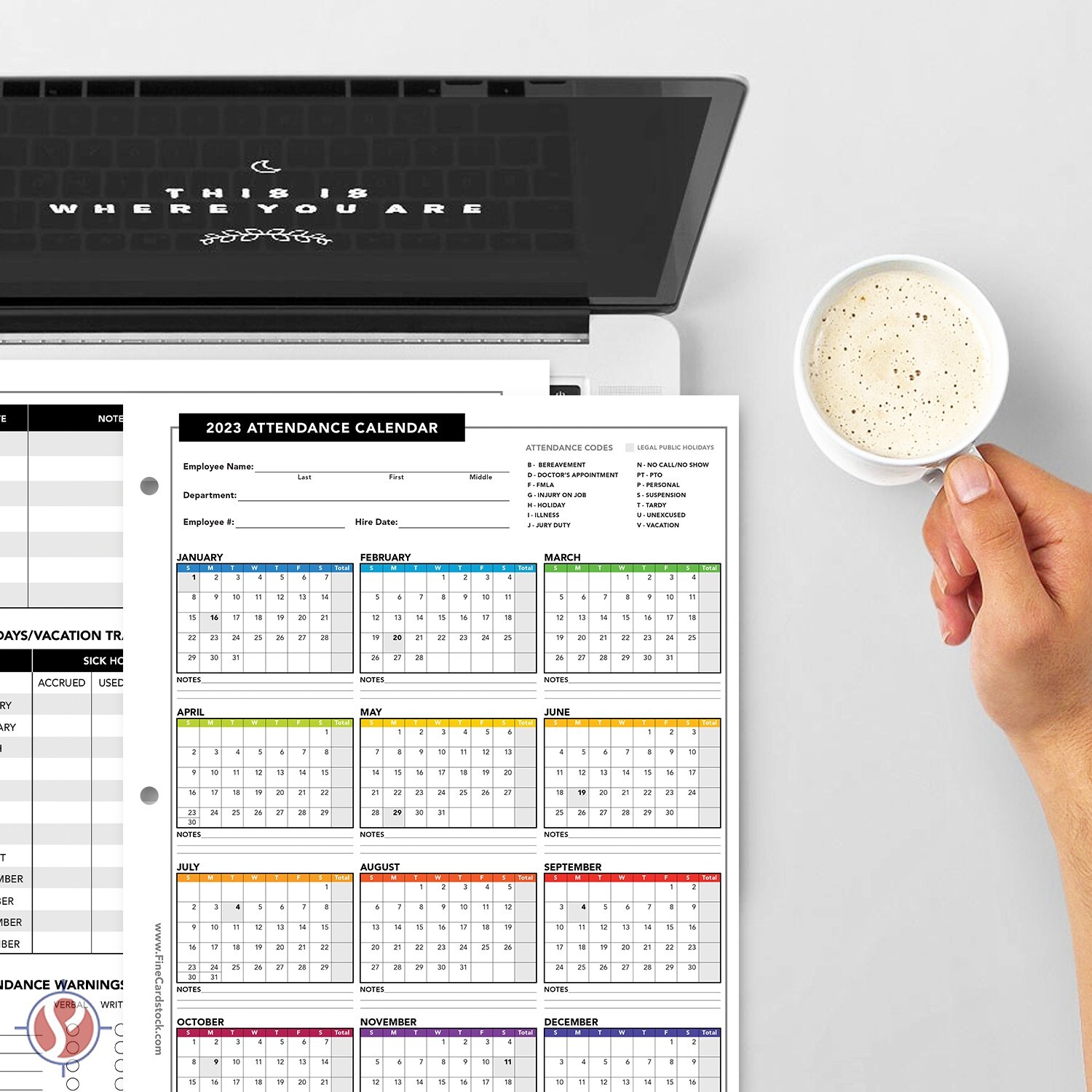 2023 Attendance Calendar Cardstock, Employee Work Tracker, 8.5 x 11, 50 Qty