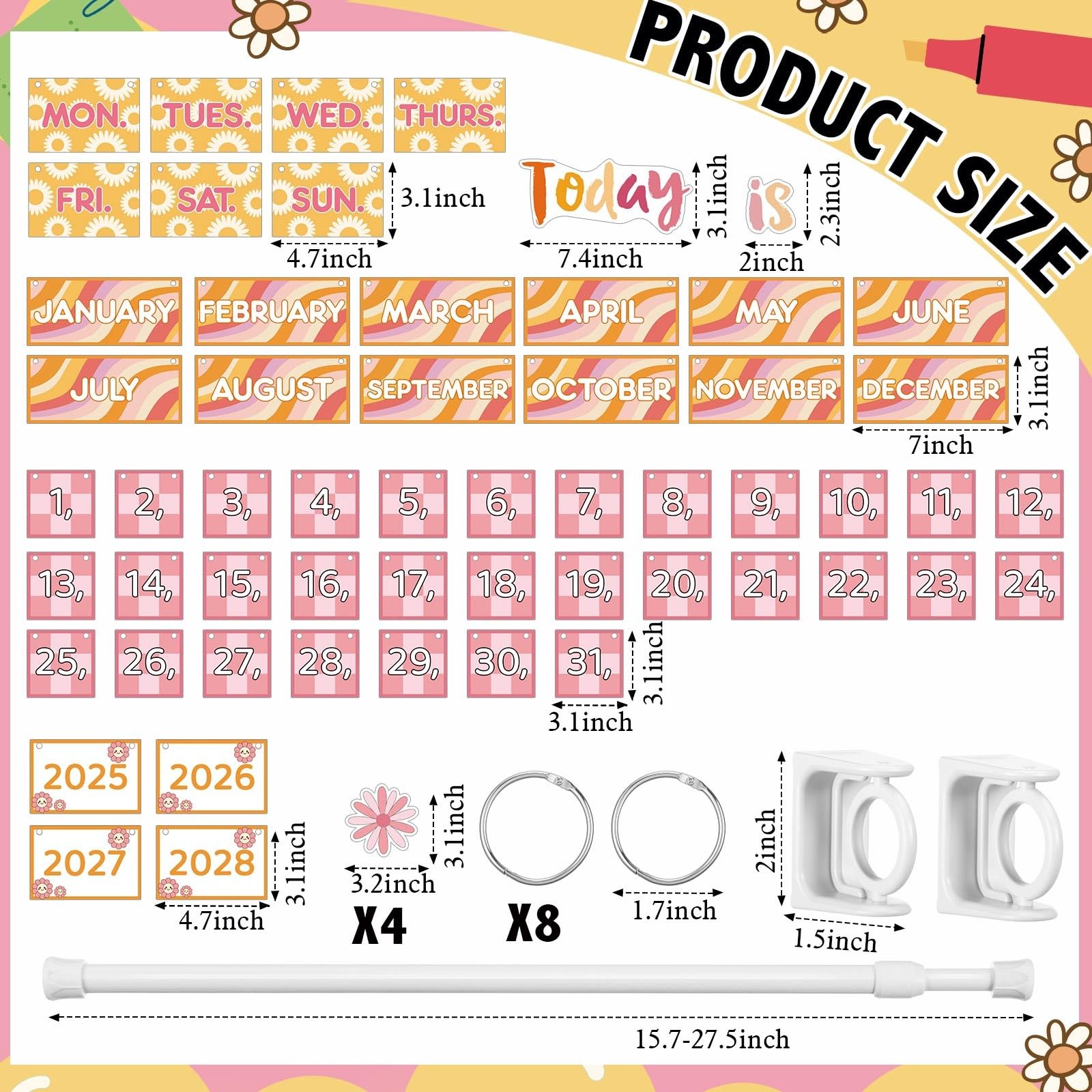 Pink Daisy Flip Classroom Calendar 54 Date Cards Adjustable Holder Bulletin