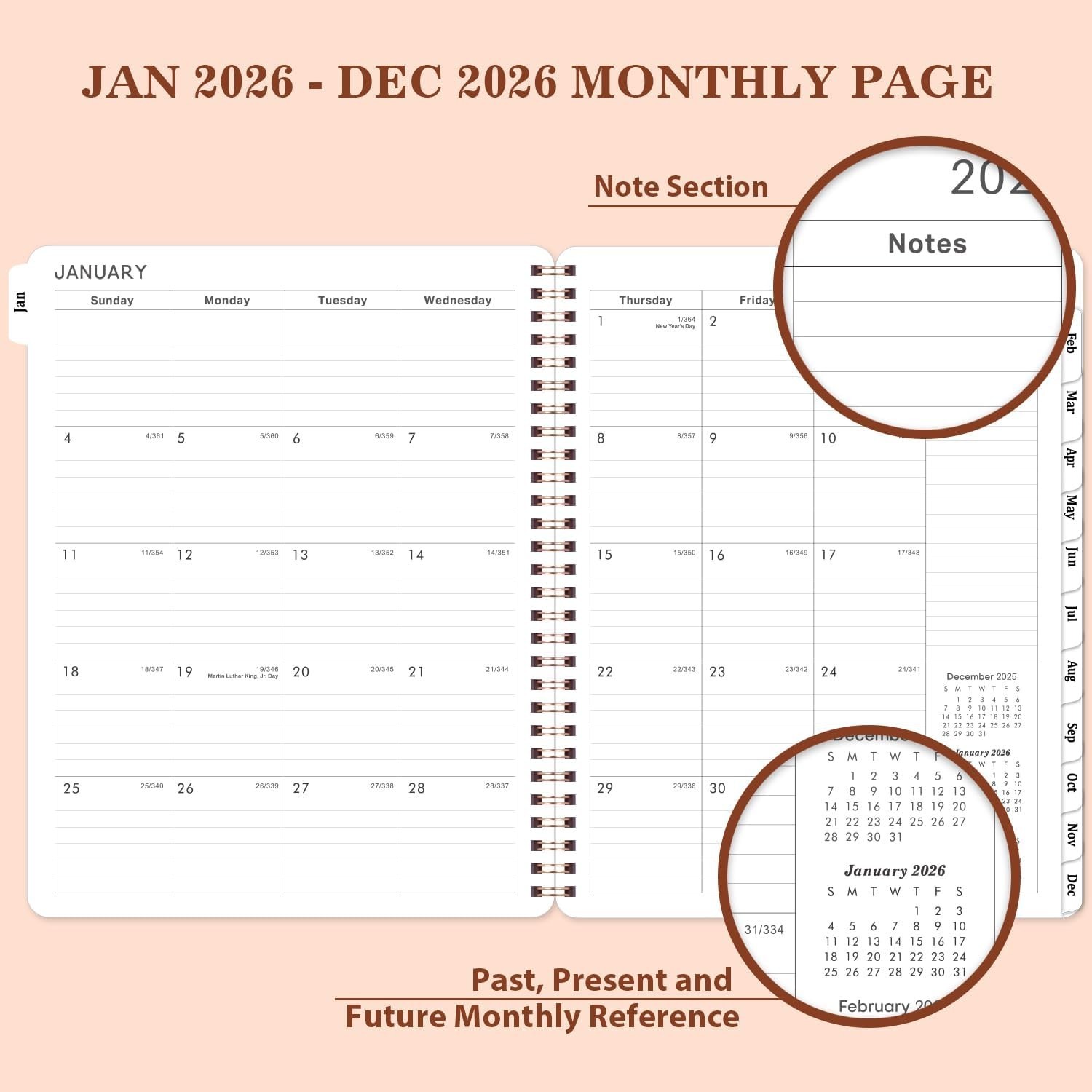 2026 Calendar Planner – Waterproof 8″ x 10″ with Twin-Wire Binding – Rose Gold