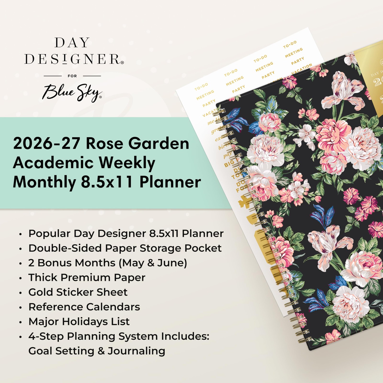 Blue Sky Day Designer 2026-2027 Weekly and 8.5″ x 11″, Rose Garden- 2026/2027