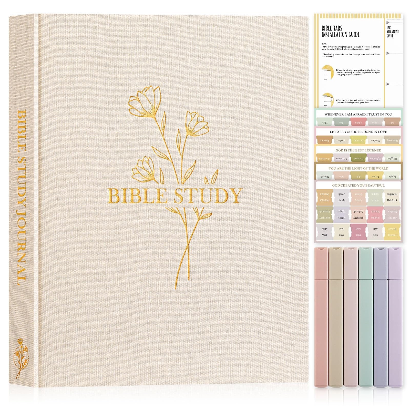 Lanpn Bible Study Journals for Women with Tabs & Highlighters, Church Beige