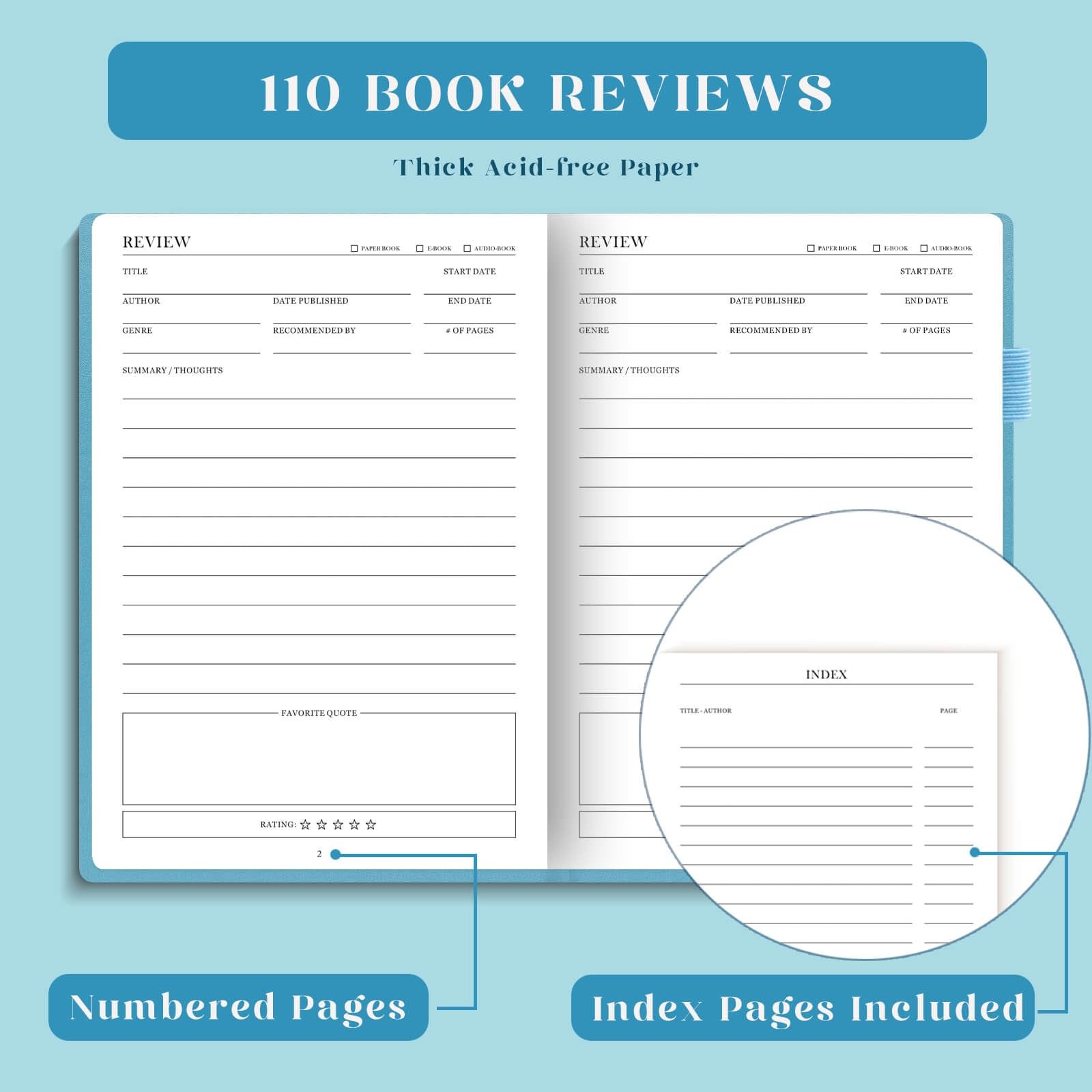 Reading Journal Elegant Book Log Review Progress Tracking 110 Reviews Blue
