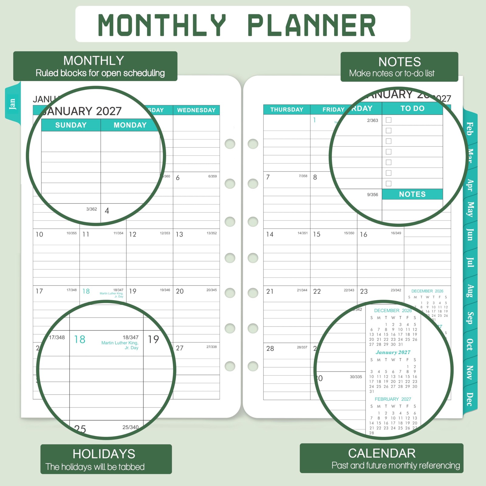 2026-2028 Monthly Planner Refill – 7-Hole Punched, A5 A5, Red and Yellow
