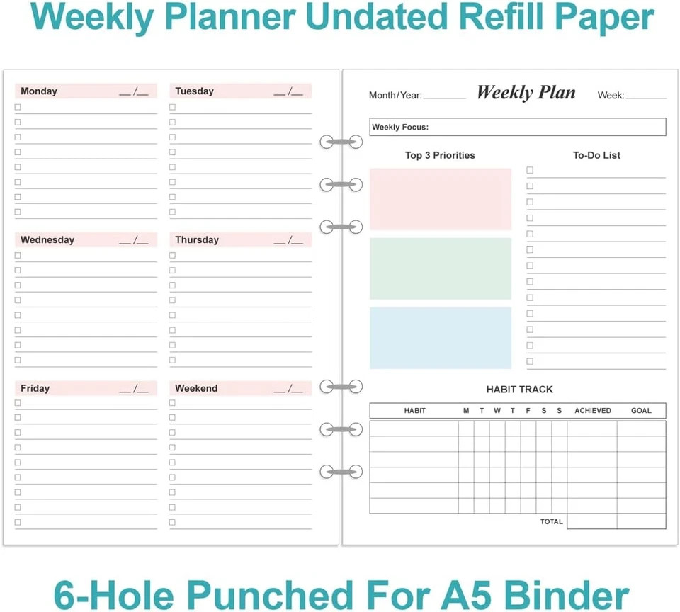 Weekly Planner Refills for A5 Binders – 53 Sheets/106 Pages Undated Colorful Wee
