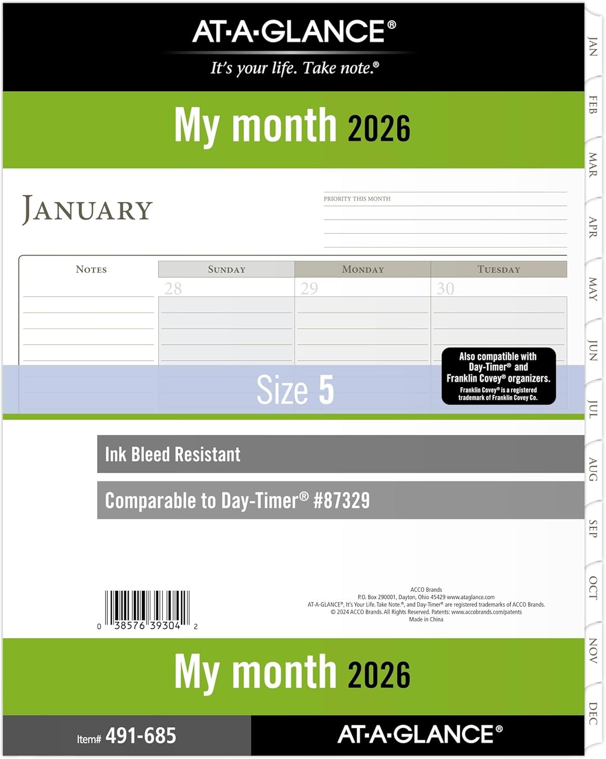 AT-A-GLANCE 2026 Planner Refill, Monthly, 8-1/2″ x 11″, Folio Size 5, Loose-Leaf