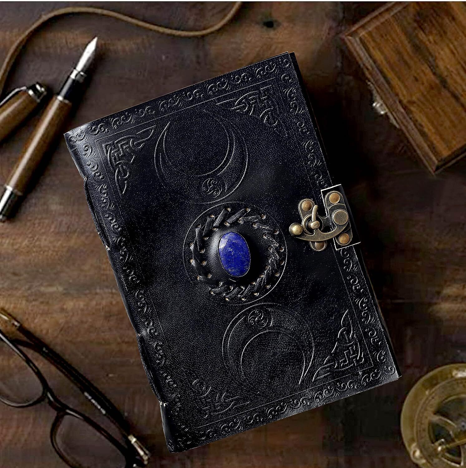 3 Moon Blue Lapiz Embossed Vintage Leather Journal Antique Handmade Deckle Edge