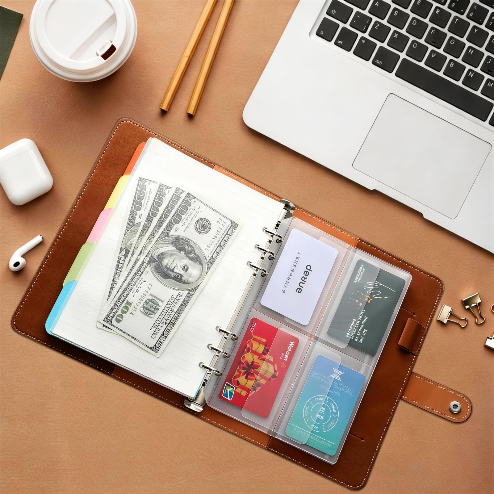 Acuxiaza A5 Binder 6 Ring Refillable Planner Notebook, PU Leather Brown