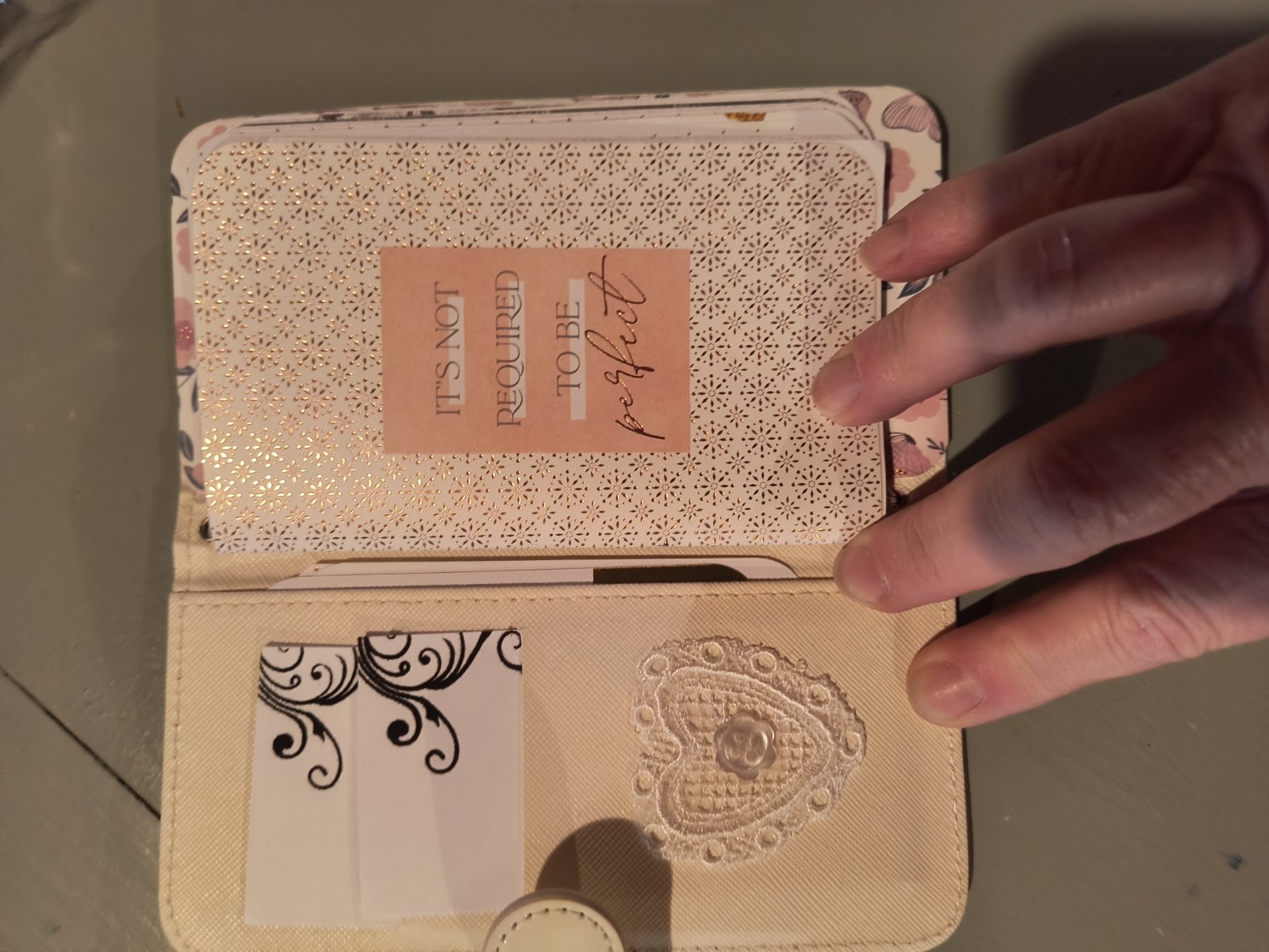 small upcycled phone case junk journal white religious theme with pen