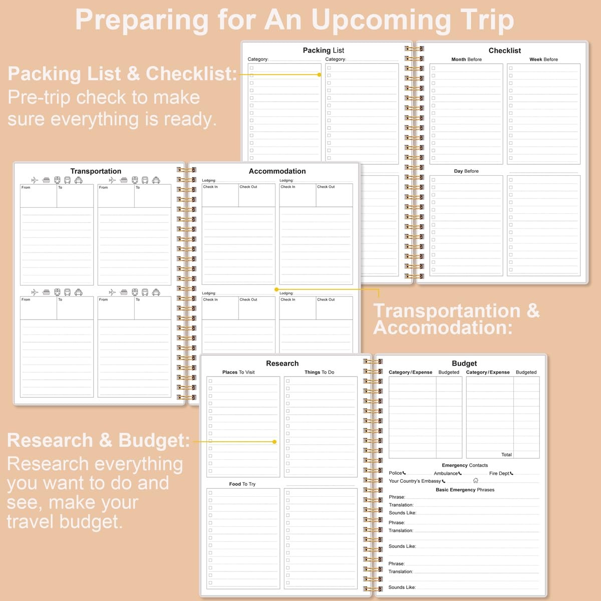 Travel Journal for Women & Men, Vacation & Road Trip Planner Rose Leaf