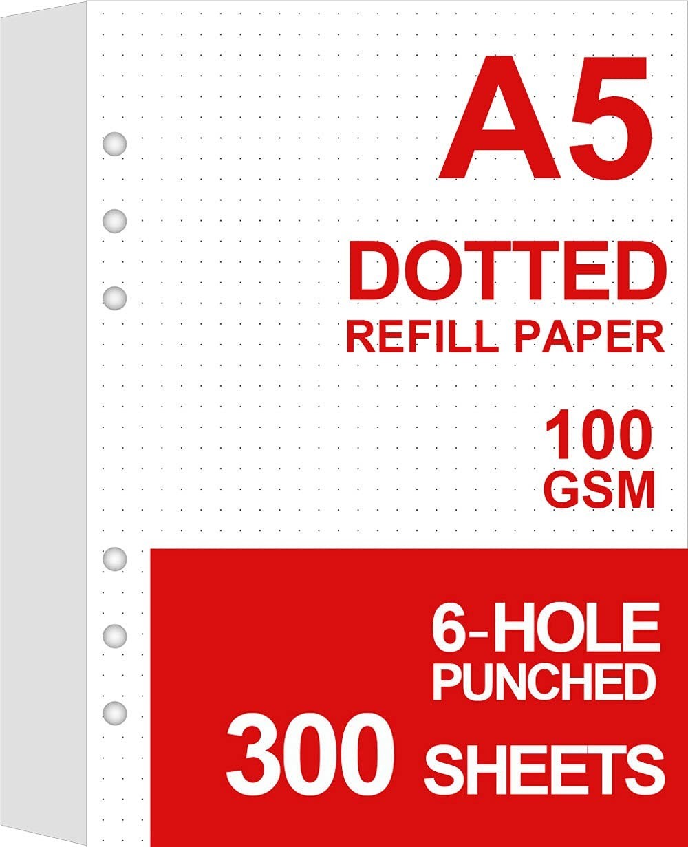 3 Pack A5 Dotted Paper Refills for Planners & Organizers, 300 Sheets, 100gsm, 6