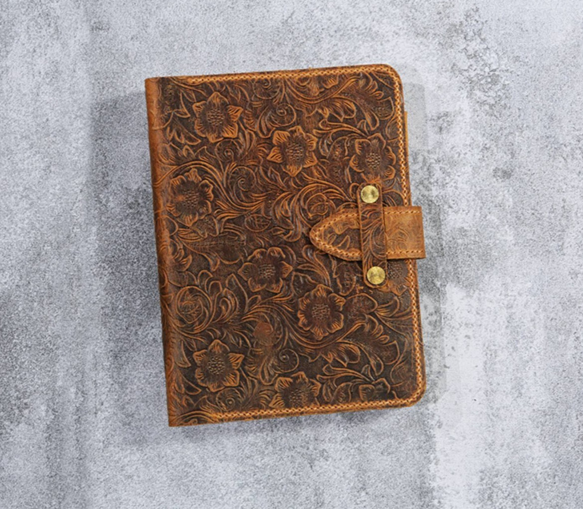 Tooled leather A5 6 ring binder planner , real leather refillable travel journal