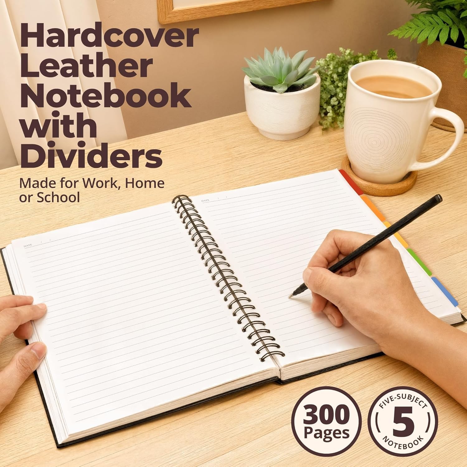 Hardcover Leather Lined Spiral Notebook 8×10″ with Removable Dividers – Black –