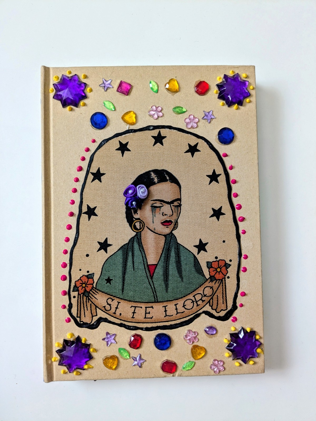 Frida Kahlo handmade Journal with Decorated Gem Embellishments