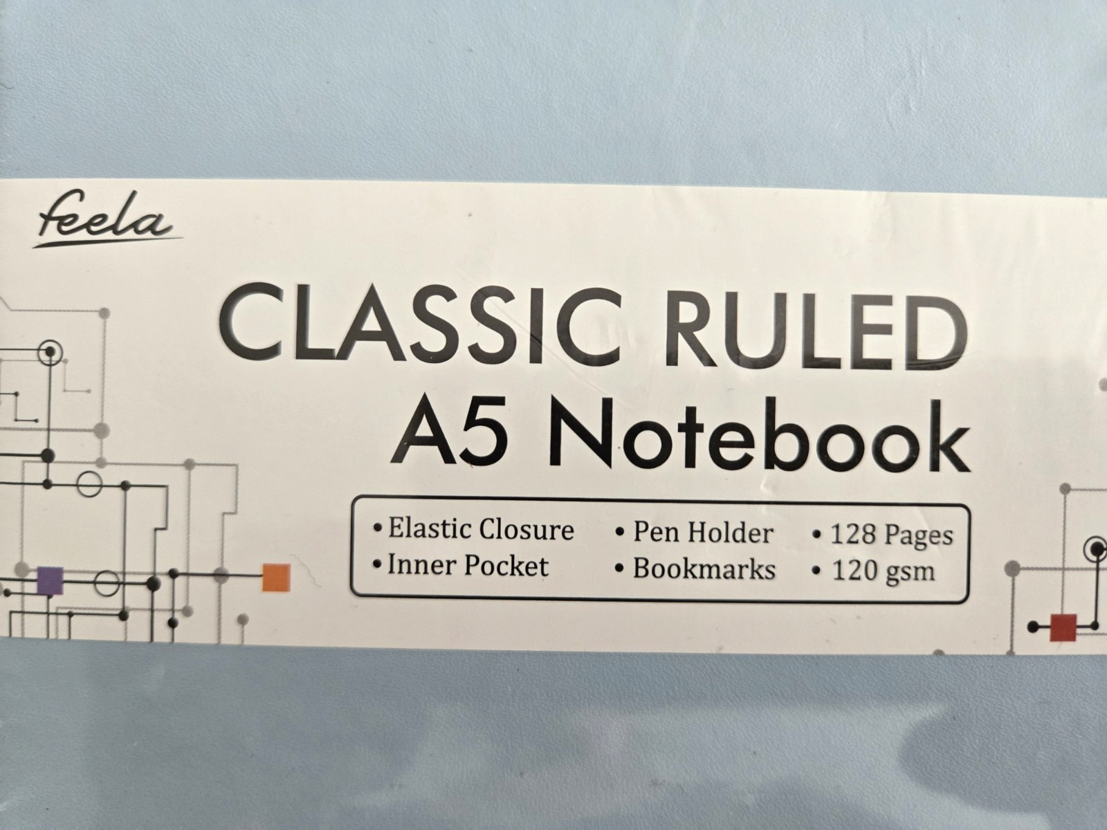 Feela Classic Ruled A5 Notebook Blue Pen Elastic Closure Inner Pocket Bookmark