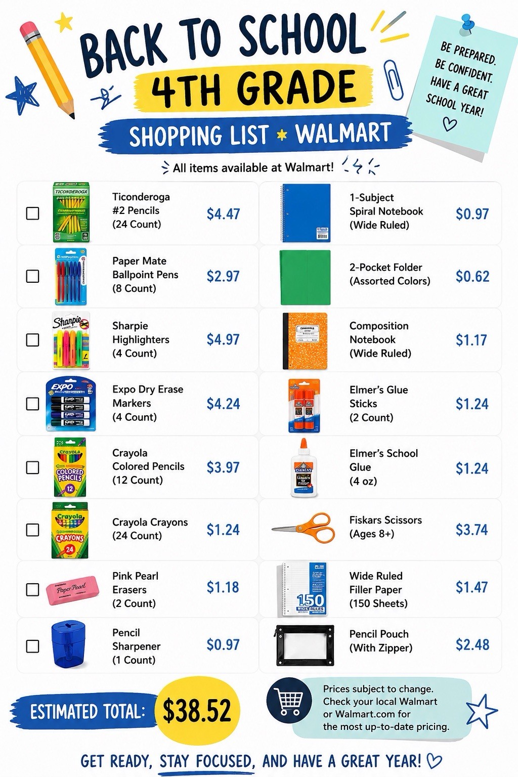 4th Grade School Supply List Printable | Walmart Shopping Guide | PDF Download
