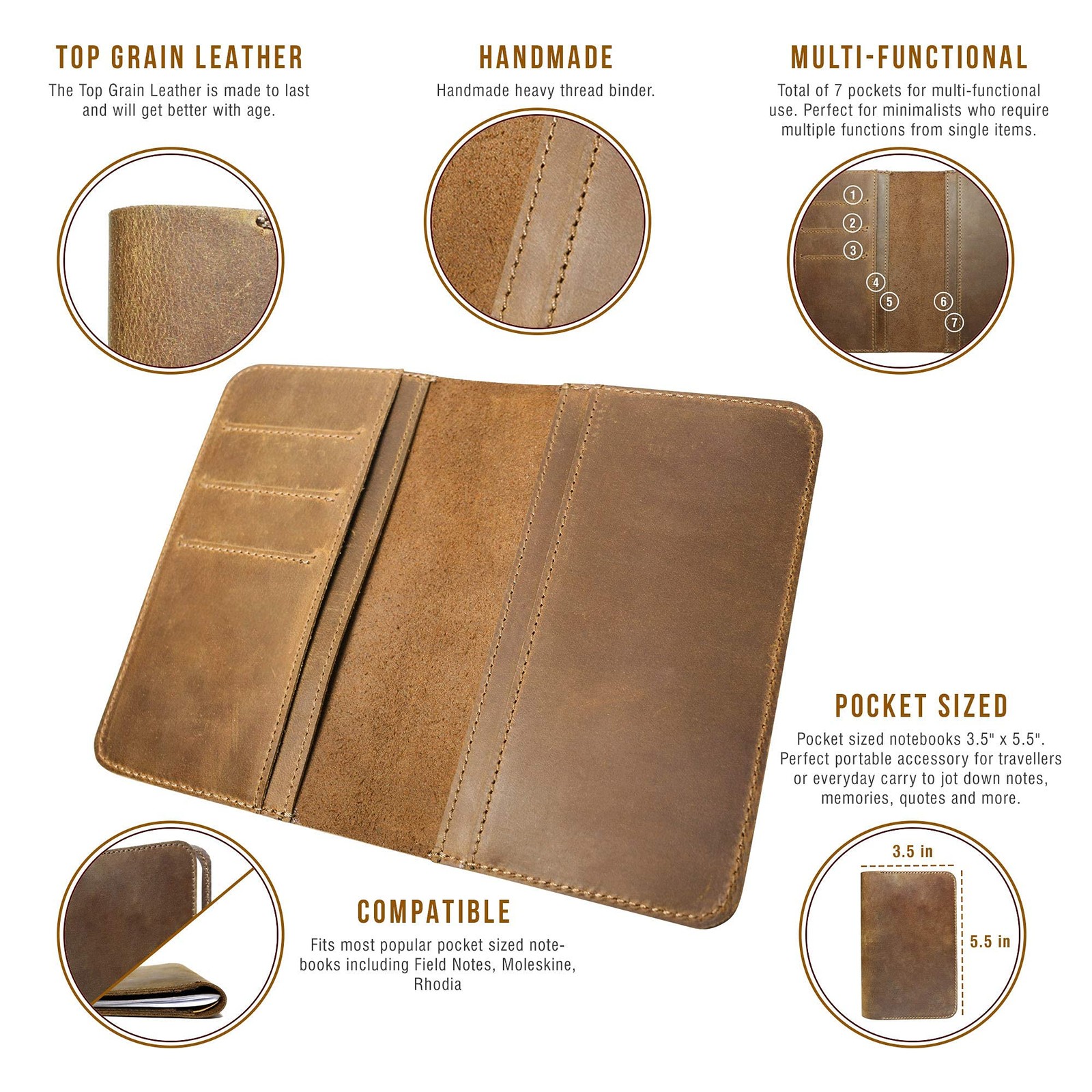 Jack’s Point Leather Field Notes Cover for Memo – Pocket Sized brown