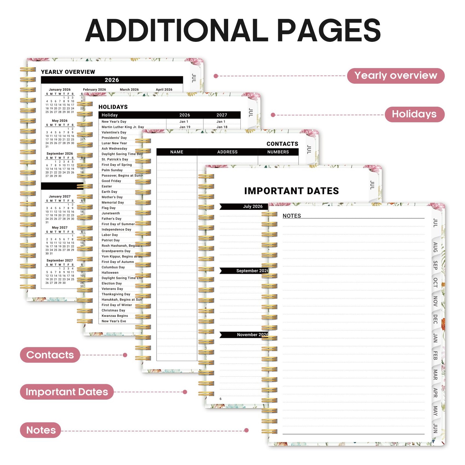 2026-2027 Academic Planner A5 Weekly Monthly Tabs Hardcover Wildflower