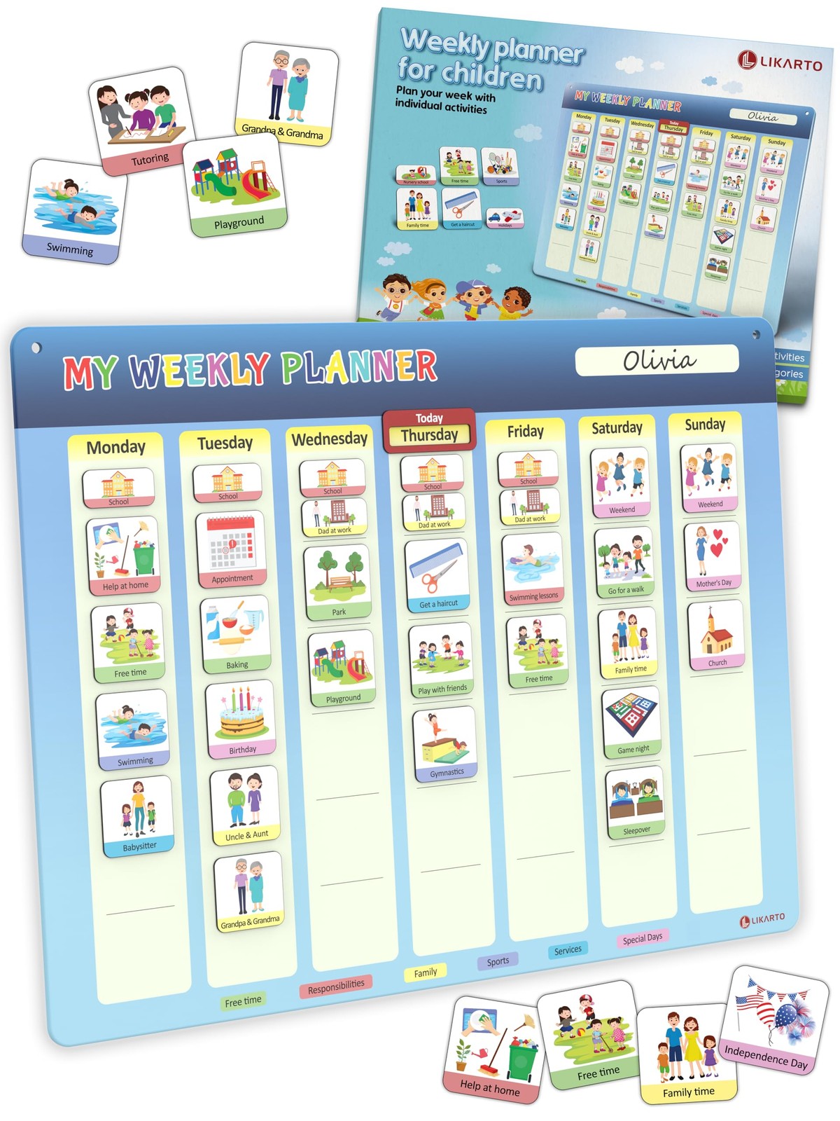LIKARTO® Weekly Planner for Children – Montessori Magnetic Board A3, blue