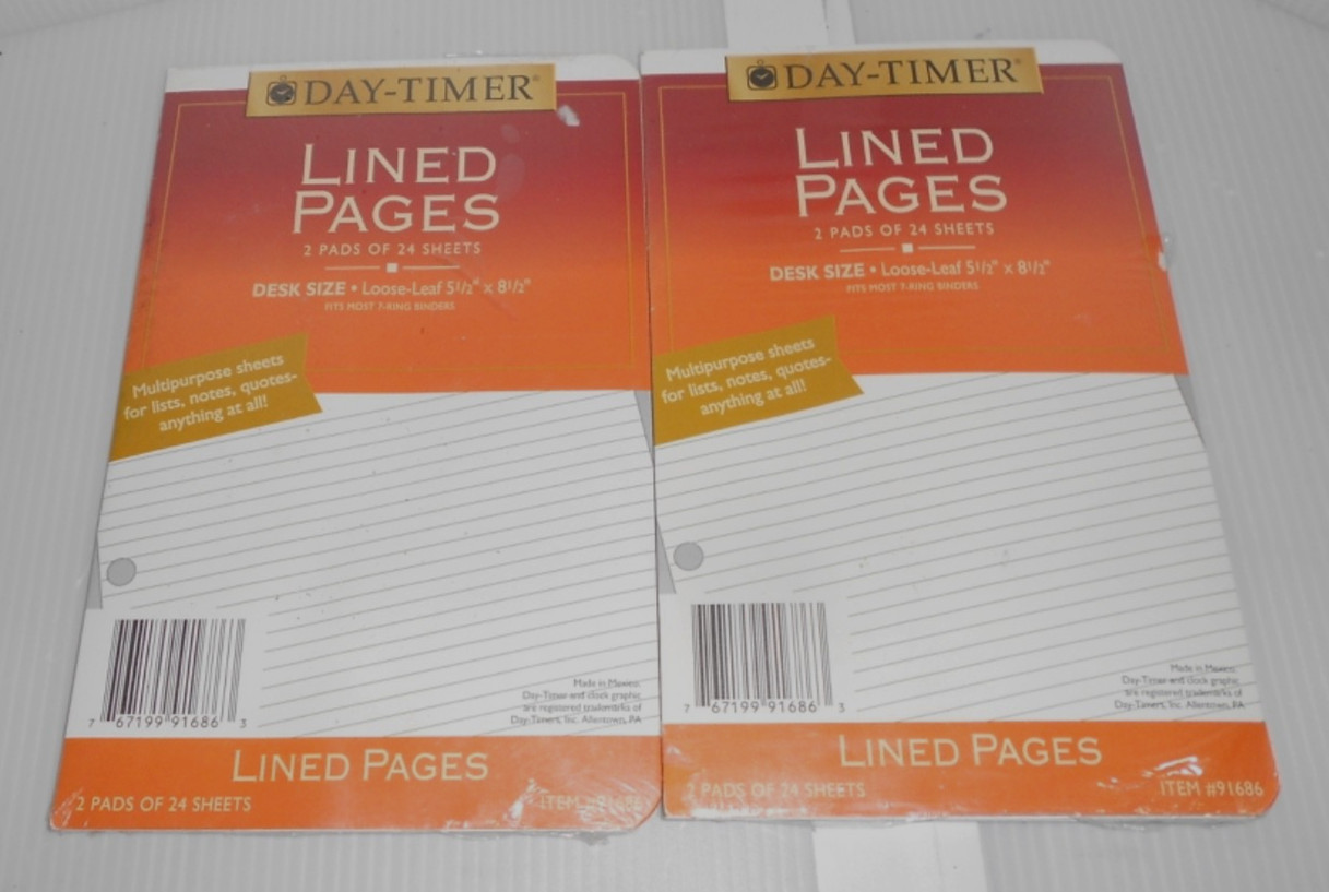 2 pk Day-Timer Lined Note Pages 2 Pads 24 Sheets 5.5″ x 8.5″ Desk Size Refill