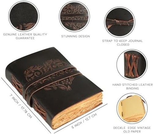 Leather Journal, Beautiful Heart Embossed Journals for Women, Deckle Edge Vin…