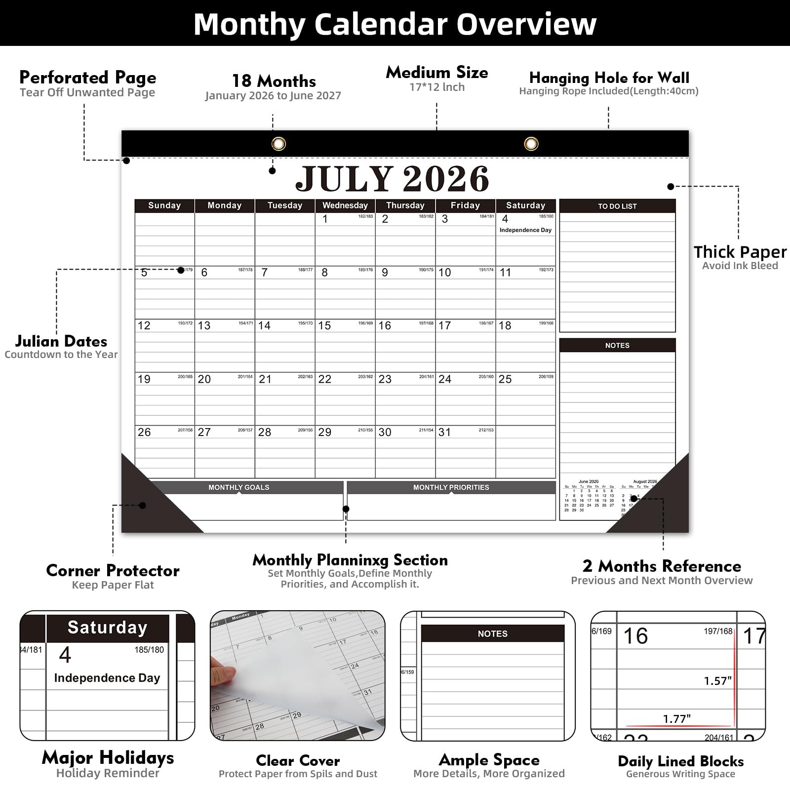 Tcamp 2026 Calendar, Desk Calendar 17″x12″(Jan 2026-Jun 2027), Black+White