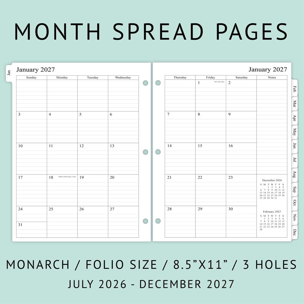 2026-2027 Monthly Planner Refill for 3 Ring Binder, Jul-Dec, 8.5″x11″, Two Pages