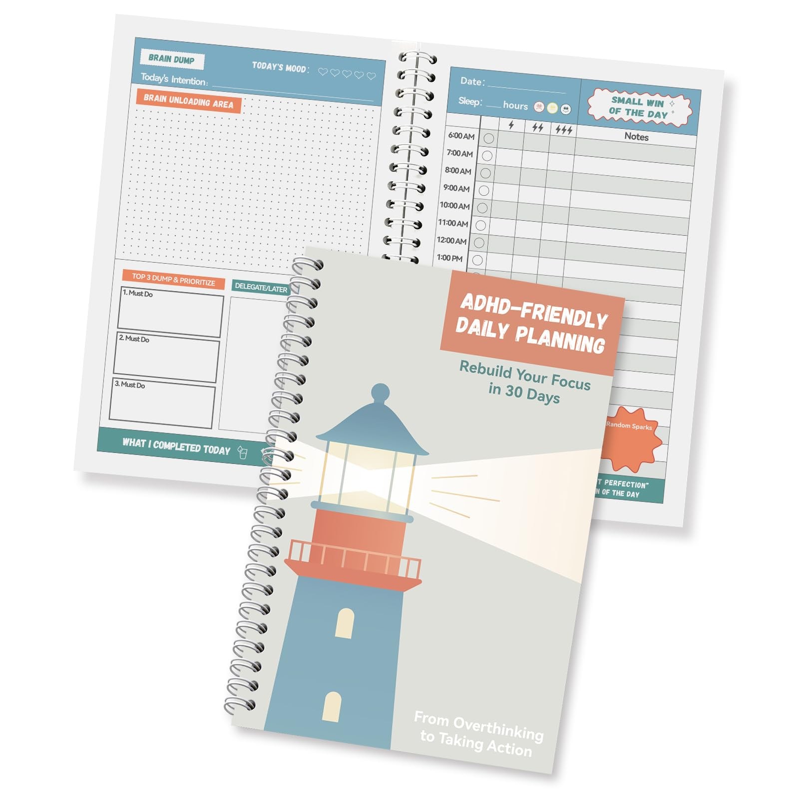 Adhd Planner For Adults And Teens, Undated Daily Spiral Planner With Brain Dump