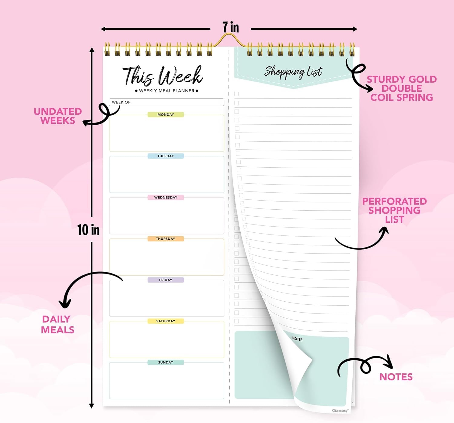 Pastel Rainbow Undated Weekly Meal Planner Notepad with Grocery List, 52 Sheets