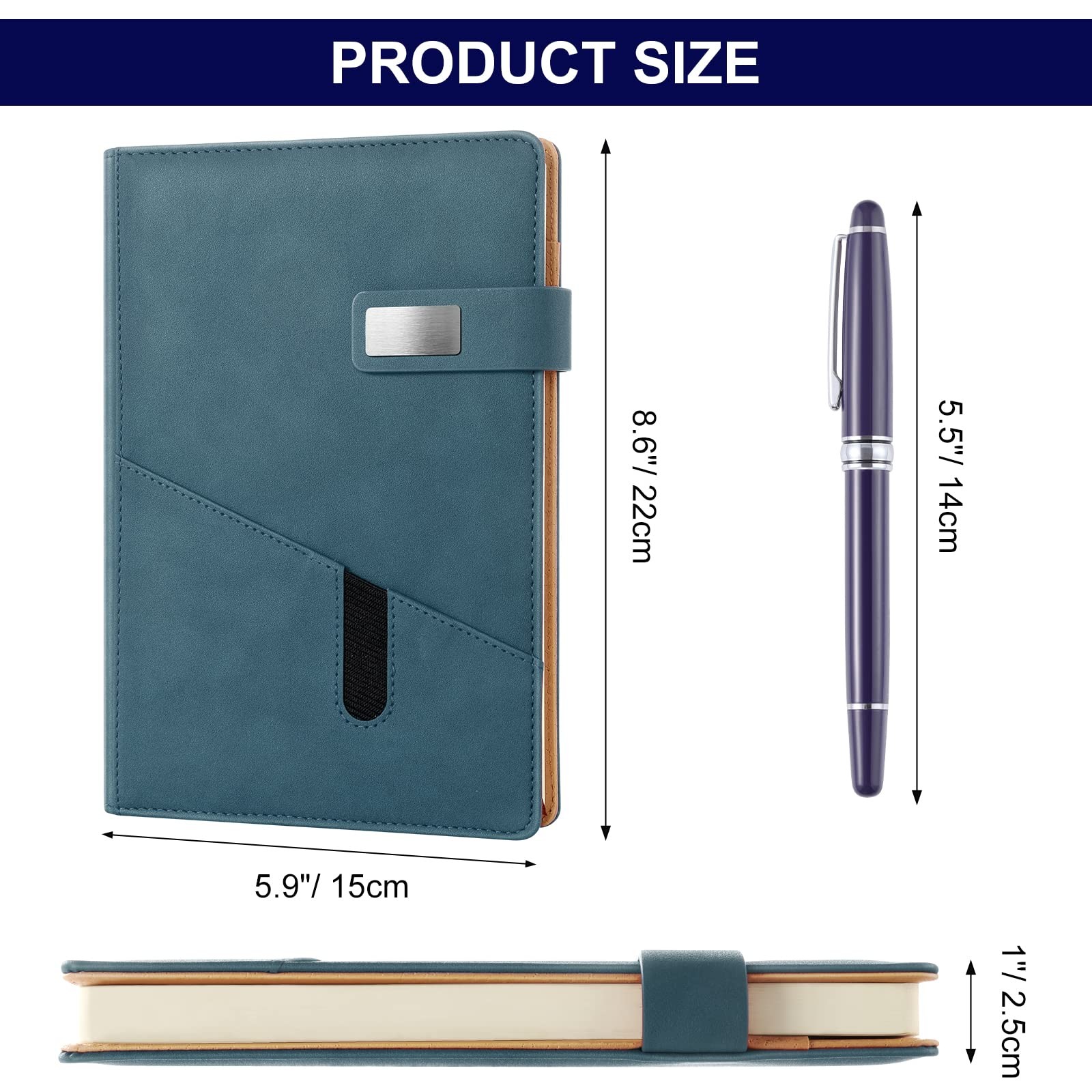 A5 Lined Leather Journal with Pen, 240 Pages Paper, Navy blue