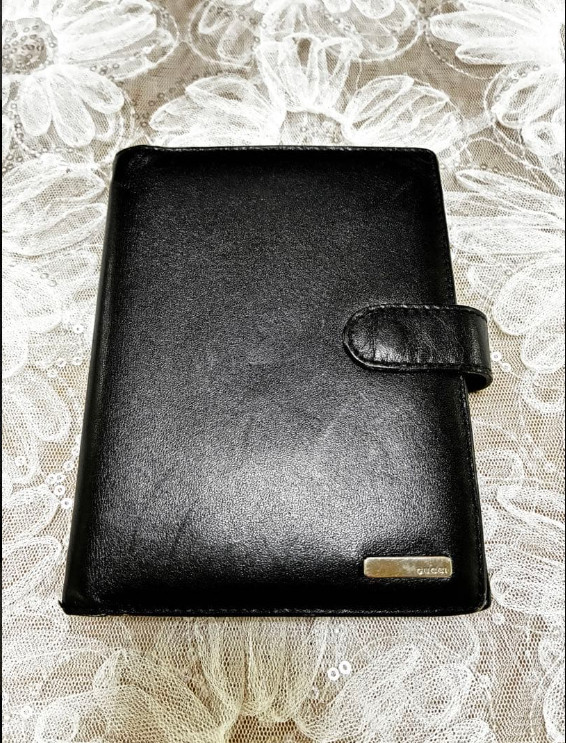 Gucci Notebook Cover Logo Plate Agenda Leather Black Used From Japan