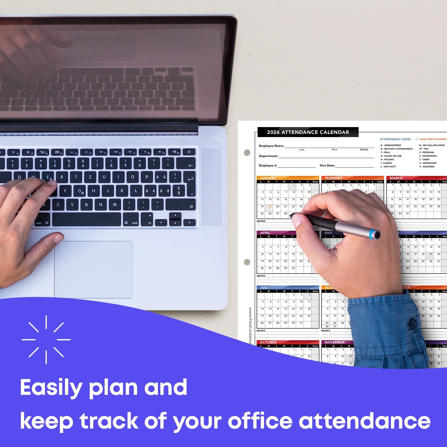 2026 Attendance Calendar Cardstock, Employee Work Tracker, 8.5 x 11, 25 Qty
