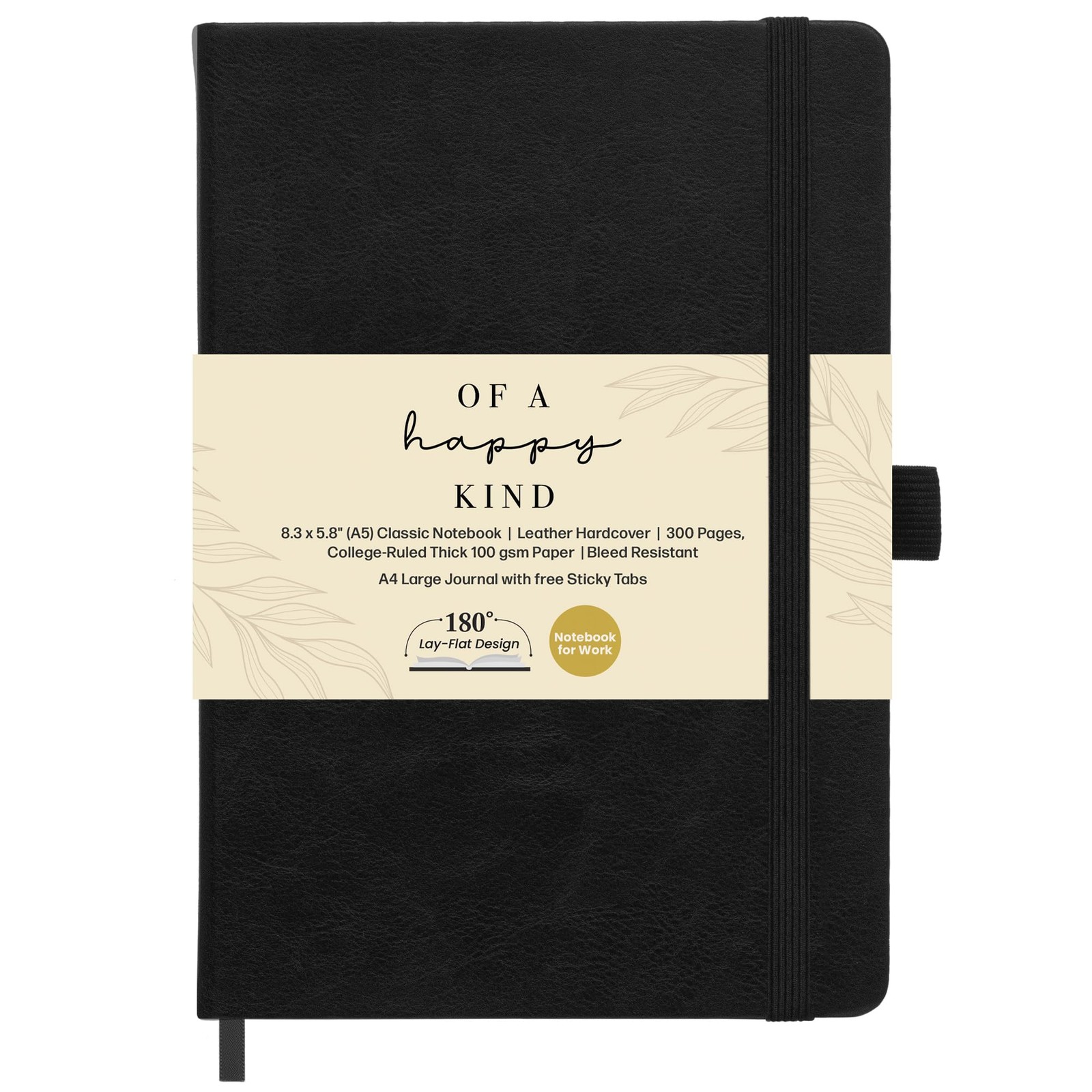 Lined Leather Bound Journal Notebook, A5 Hardcover – 300 Pages, Black