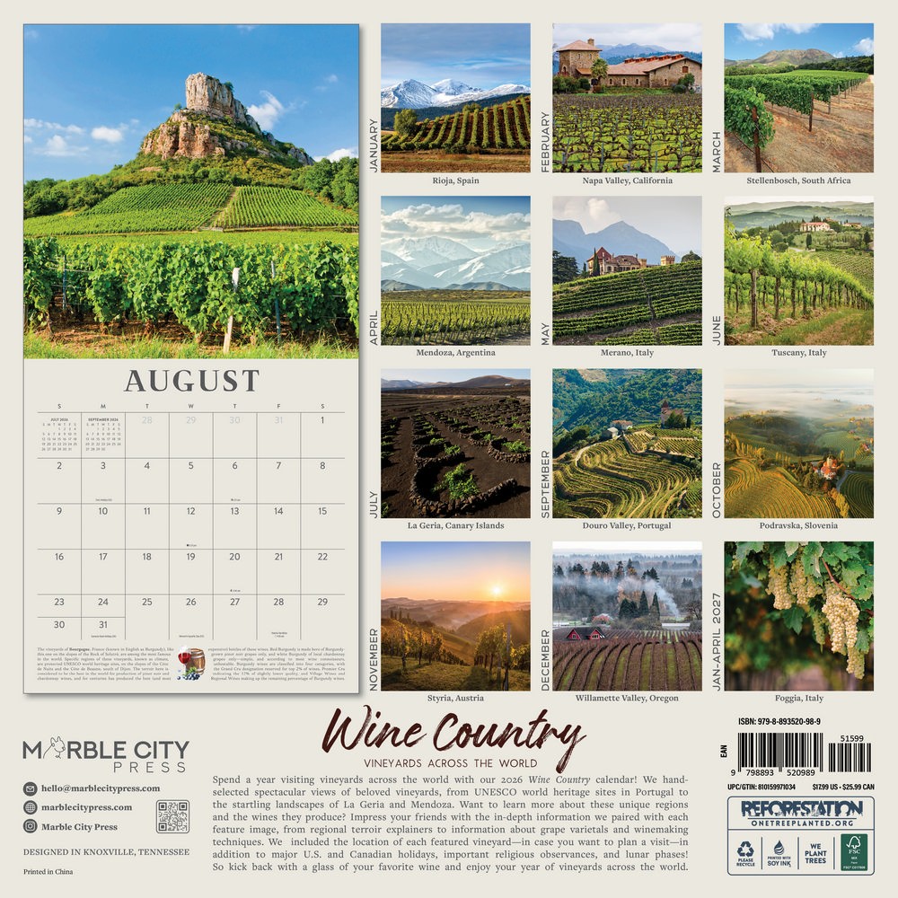 Wine Country Calendar 2026 | 12″ x 24″ 12 Month Calendar | Marble City Press