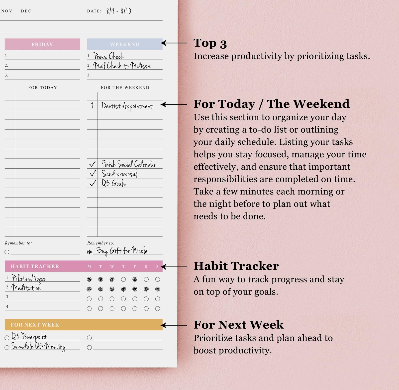Weekly Planner – Premium 52-sheet Tear-off Notepad, 8.5 X 11 Inches, Clean