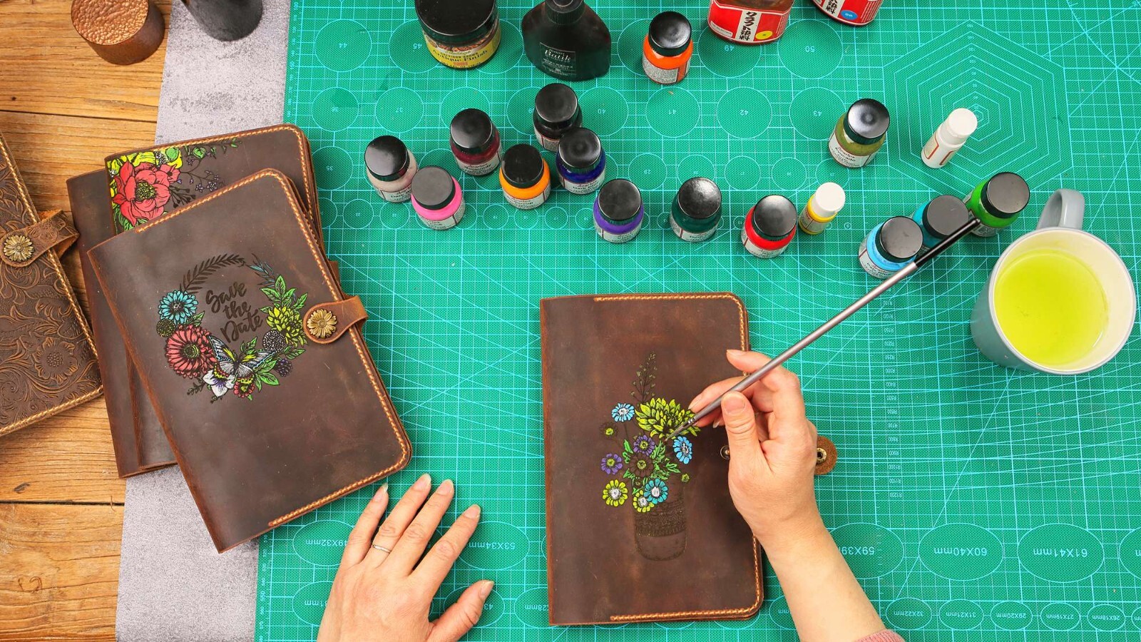 Hand Painted moleskine leather cover personalized with pen loop